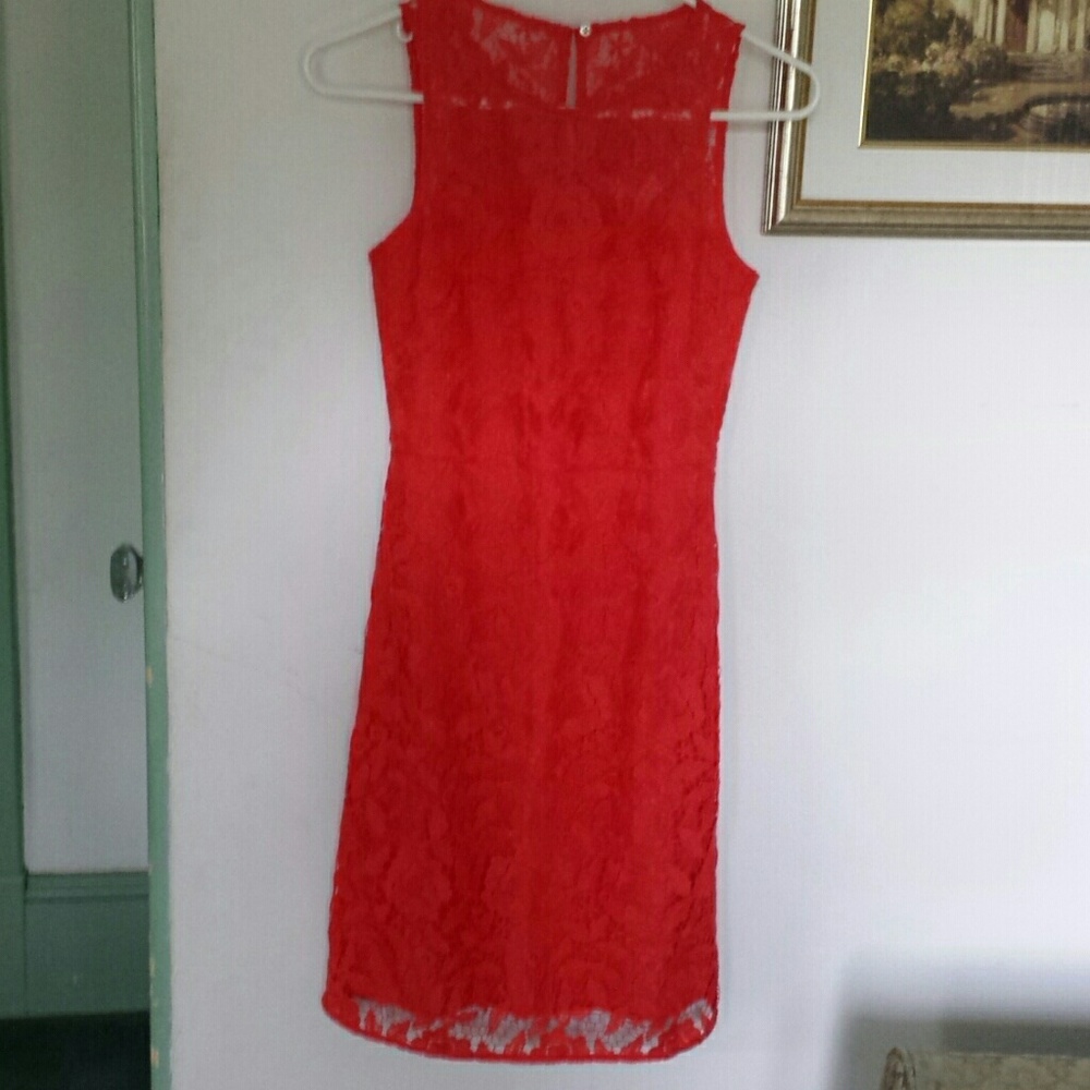 Poppy colored lace dress.